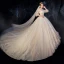 Vintage / Originale Champagne Transparentes Robe De Mariée 2019 Robe Boule Col Haut Gonflée 3/4 Manches Dos Nu Appliques En Dentelle Perlage Cathedral Train Volants