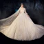 Vintage / Originale Champagne Transparentes Robe De Mariée 2019 Robe Boule Col Haut Gonflée 3/4 Manches Dos Nu Appliques En Dentelle Perlage Cathedral Train Volants