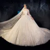 Vintage / Retro Champagne See-through Wedding Dresses 2019 Ball Gown High Neck Puffy 3/4 Sleeve Backless Appliques Lace Beading Cathedral Train Ruffle
