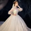 Vintage / Retro Champagne See-through Wedding Dresses 2019 Ball Gown High Neck Puffy 3/4 Sleeve Backless Appliques Lace Beading Cathedral Train Ruffle