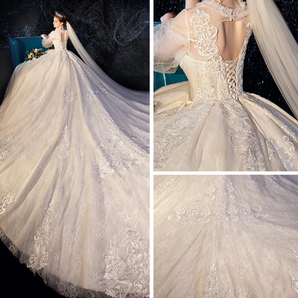 Vintage / Originale Champagne Transparentes Robe De Mariée 2019 Robe Boule Col Haut Gonflée 3/4 Manches Dos Nu Appliques En Dentelle Perlage Cathedral Train Volants