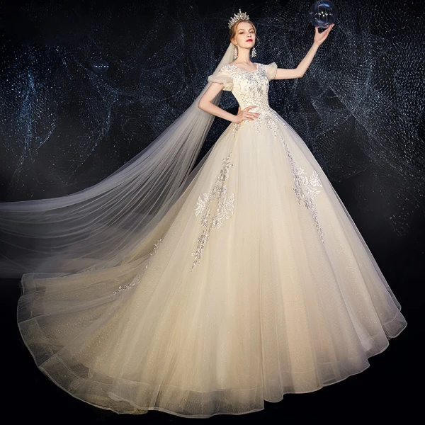 Chic / Beautiful Champagne Wedding Dresses 2019 A-Line / Princess Scoop Neck Puffy Short Sleeve Backless Appliques Lace Beading Glitter Tulle Chapel Train Ruffle