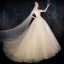Chic / Beautiful Champagne Wedding Dresses 2019 A-Line / Princess Scoop Neck Puffy Short Sleeve Backless Appliques Lace Beading Glitter Tulle Chapel Train Ruffle