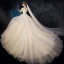 Chic / Beautiful Champagne Wedding Dresses 2019 A-Line / Princess Scoop Neck Puffy Short Sleeve Backless Appliques Lace Beading Glitter Tulle Chapel Train Ruffle