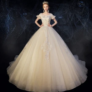 Chic Beautiful Champagne Wedding Dresses 2019 A Line Princess Scoop Neck Puffy Short Sleeve Backless Appliques Lace Beading Glitter Tulle Chapel Train Ruffle