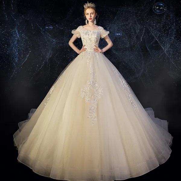 Chic / Beautiful Champagne Wedding Dresses 2019 A-Line / Princess Scoop Neck Puffy Short Sleeve Backless Appliques Lace Beading Glitter Tulle Chapel Train Ruffle
