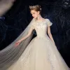 Chic / Beautiful Champagne Wedding Dresses 2019 A-Line / Princess Scoop Neck Puffy Short Sleeve Backless Appliques Lace Beading Glitter Tulle Chapel Train Ruffle