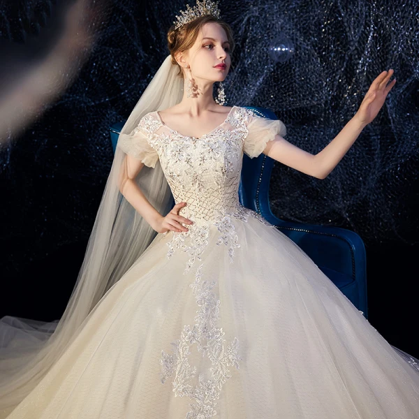 Chic / Beautiful Champagne Wedding Dresses 2019 A-Line / Princess Scoop Neck Puffy Short Sleeve Backless Appliques Lace Beading Glitter Tulle Chapel Train Ruffle