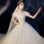 Chic / Beautiful Champagne Wedding Dresses 2019 A-Line / Princess Scoop Neck Puffy Short Sleeve Backless Appliques Lace Beading Glitter Tulle Chapel Train Ruffle