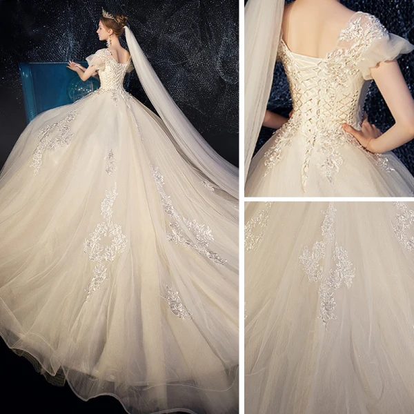 Chic / Beautiful Champagne Wedding Dresses 2019 A-Line / Princess Scoop Neck Puffy Short Sleeve Backless Appliques Lace Beading Glitter Tulle Chapel Train Ruffle