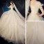Chic / Beautiful Champagne Wedding Dresses 2019 A-Line / Princess Scoop Neck Puffy Short Sleeve Backless Appliques Lace Beading Glitter Tulle Chapel Train Ruffle