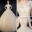 Chic / Beautiful Champagne Wedding Dresses 2019 A-Line / Princess Scoop Neck Puffy Short Sleeve Backless Appliques Lace Beading Glitter Tulle Chapel Train Ruffle