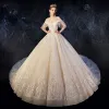 Best Champagne Wedding Dresses 2019 Ball Gown Off-The-Shoulder Short Sleeve Bell sleeves Backless Appliques Lace Beading Cathedral Train Ruffle