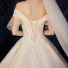 Best Champagne Wedding Dresses 2019 Ball Gown Off-The-Shoulder Short Sleeve Bell sleeves Backless Appliques Lace Beading Cathedral Train Ruffle