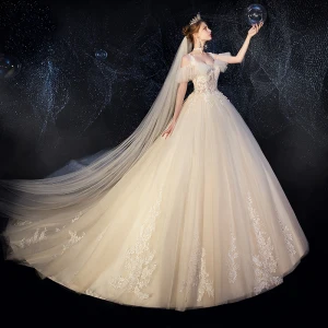 Illusion Champagne Wedding Dresses 2019 Ball Gown Spaghetti Straps Detachable Short Sleeve Backless Appliques Lace Beading Cathedral Train Ruffle