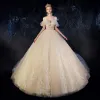 Illusion Champagne Wedding Dresses 2019 Ball Gown Spaghetti Straps Detachable Short Sleeve Backless Appliques Lace Beading Cathedral Train Ruffle