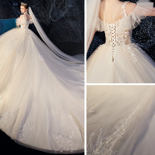 Illusion Champagne Robe De Mariée 2019 Robe Boule Bretelles Spaghetti Détachable Manches Courtes Dos Nu Appliques En Dentelle Perlage Cathedral Train Volants