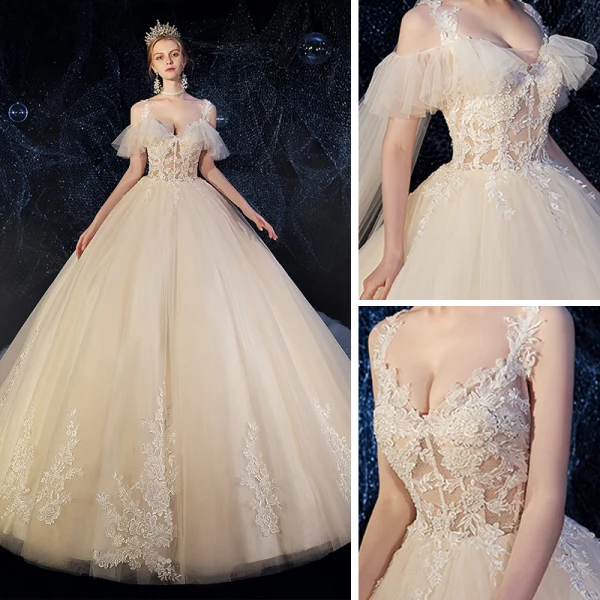 Illusion Champagne Robe De Mariée 2019 Robe Boule Bretelles Spaghetti Détachable Manches Courtes Dos Nu Appliques En Dentelle Perlage Cathedral Train Volants