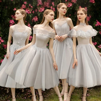 Elegant Grey Bridesmaid Dresses 2019 A Line Princess Appliques Lace Flower Tea Length Ruffle Backless Wedding Party Dresses