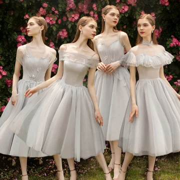 Elegant Grey Bridesmaid Dresses 2019 A Line Princess Appliques Lace Flower Tea Length Ruffle Backless Wedding Party Dresses