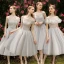 Elegant Grey Bridesmaid Dresses 2019 A-Line / Princess Appliques Lace Flower Tea-length Ruffle Backless Wedding Party Dresses