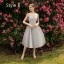 Elegant Grey Bridesmaid Dresses 2019 A-Line / Princess Appliques Lace Flower Tea-length Ruffle Backless Wedding Party Dresses
