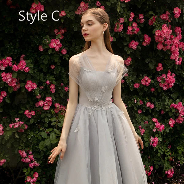 Elegant Grey Bridesmaid Dresses 2019 A-Line / Princess Appliques Lace Flower Tea-length Ruffle Backless Wedding Party Dresses