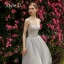 Elegant Grey Bridesmaid Dresses 2019 A-Line / Princess Appliques Lace Flower Tea-length Ruffle Backless Wedding Party Dresses
