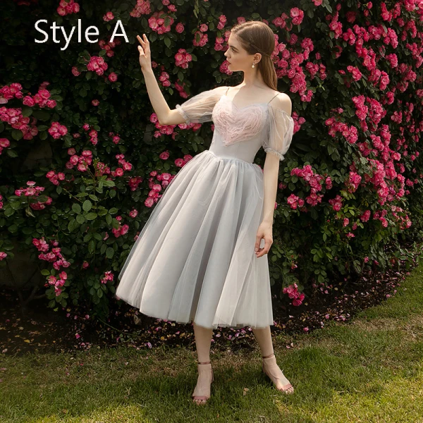 Modern / Fashion Grey See-through Bridesmaid Dresses 2019 A-Line / Princess Heart-shaped Tulle Tea-length Ruffle Wedding Party Dresses