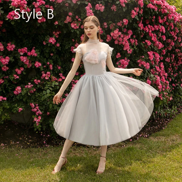 Modern / Fashion Grey See-through Bridesmaid Dresses 2019 A-Line / Princess Heart-shaped Tulle Tea-length Ruffle Wedding Party Dresses