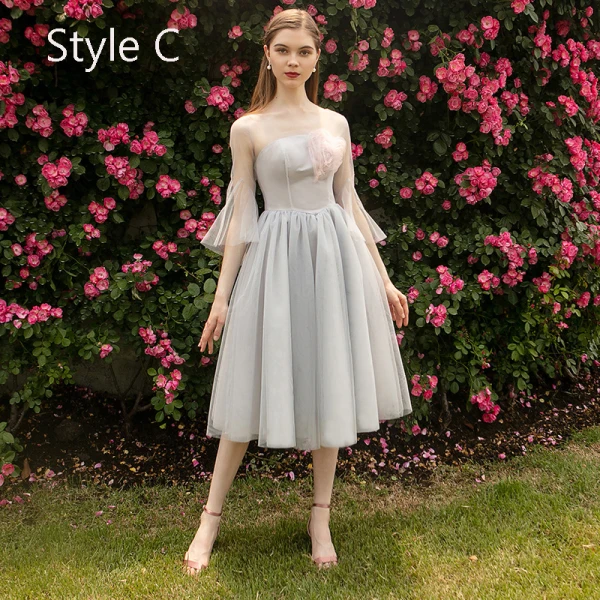 Modern / Fashion Grey See-through Bridesmaid Dresses 2019 A-Line / Princess Heart-shaped Tulle Tea-length Ruffle Wedding Party Dresses