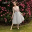 Modern / Fashion Grey See-through Bridesmaid Dresses 2019 A-Line / Princess Heart-shaped Tulle Tea-length Ruffle Wedding Party Dresses