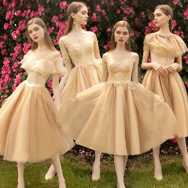 Modern / Fashion Nude Bridesmaid Dresses 2019 A-Line / Princess Appliques Lace Tea-length Ruffle Wedding Party Dresses