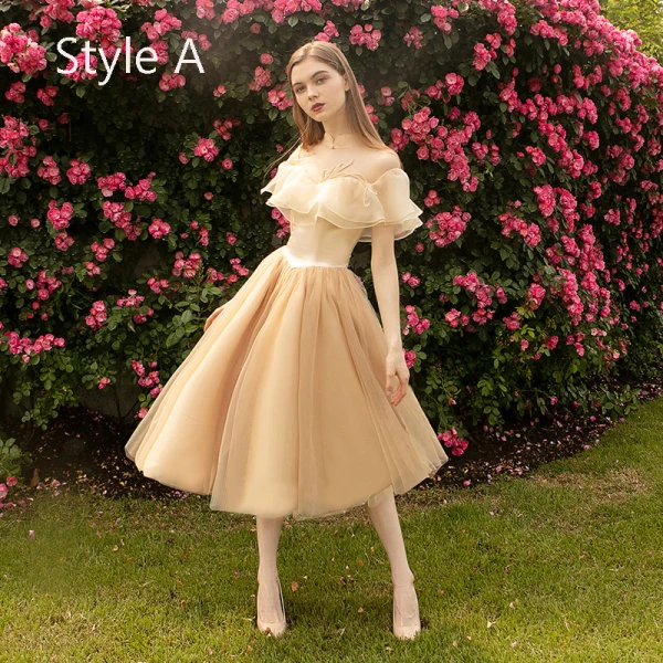 Modern / Fashion Nude Bridesmaid Dresses 2019 A-Line / Princess Appliques Lace Tea-length Ruffle Wedding Party Dresses