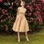 Modern / Fashion Nude Bridesmaid Dresses 2019 A-Line / Princess Appliques Lace Tea-length Ruffle Wedding Party Dresses