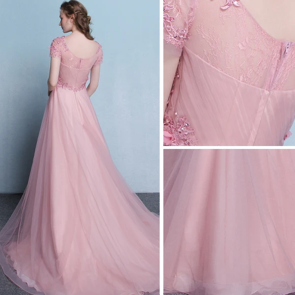 Élégant Rougissant Rose Robe De Soirée 2019 Princesse Encolure Dégagée Manches Courtes Appliques En Dentelle Perlage Train De Balayage Volants Dos Nu Robe De Ceremonie