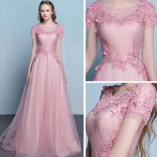 Élégant Rougissant Rose Robe De Soirée 2019 Princesse Encolure Dégagée Manches Courtes Appliques En Dentelle Perlage Train De Balayage Volants Dos Nu Robe De Ceremonie