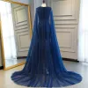 Sparkly Navy Blue Sequins Evening Dresses  2019 Trumpet / Mermaid V-Neck Sleeveless Watteau Train Formal Dresses