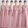 Affordable Blushing Pink Bridesmaid Dresses 2019 A-Line / Princess Sash Appliques Lace Floor-Length / Long Backless Ruffle Wedding Party Dresses