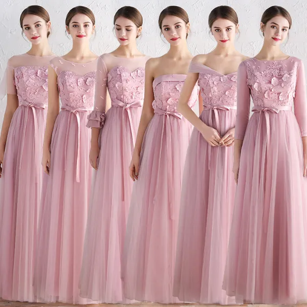 Niedrogie Rumieniąc Różowy Sukienki Dla Druhen 2019 Princessa Szarfa Aplikacje Z Koronki Długie Bez Pleców Wzburzyć Sukienki Na Wesele