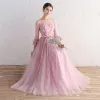 Affordable Blushing Pink Bridesmaid Dresses 2019 A-Line / Princess Sash Appliques Lace Floor-Length / Long Backless Ruffle Wedding Party Dresses