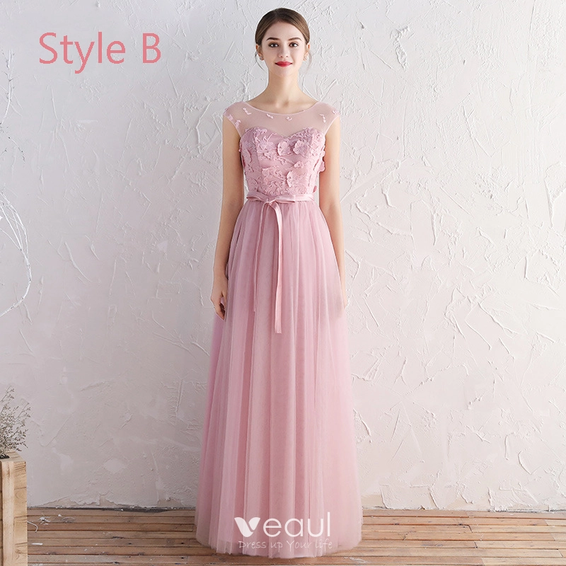 chinese dress ladies Mermaid Ruffles Blush Pink Long Bridesmaid Dress with Lace Top –  FancyVestido main image 1