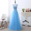 Affordable Sky Blue Bridesmaid Dresses 2019 A-Line / Princess U-Neck Sleeveless Bow Sash Appliques Lace Beading Pearl Floor-Length / Long Ruffle
