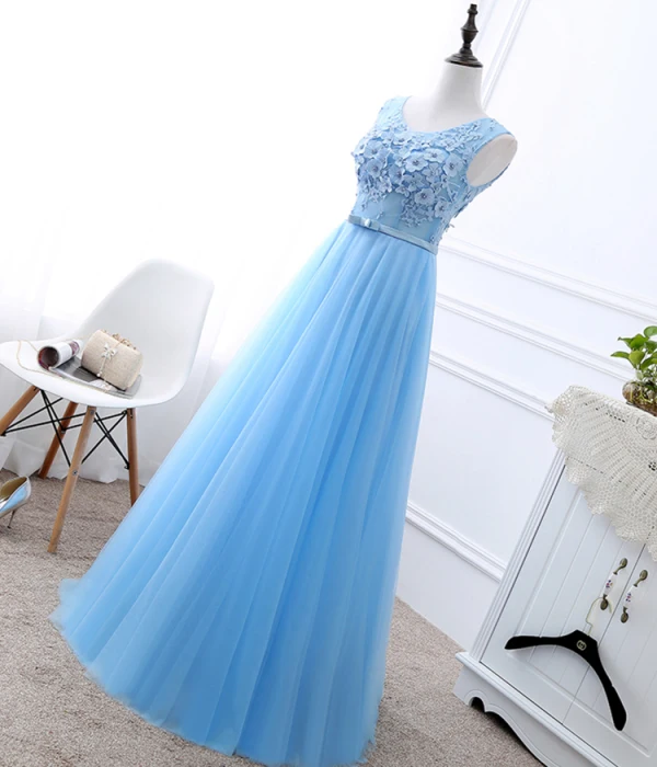 Affordable Sky Blue Bridesmaid Dresses 2019 A-Line / Princess U-Neck Sleeveless Bow Sash Appliques Lace Beading Pearl Floor-Length / Long Ruffle