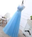 Affordable Sky Blue Bridesmaid Dresses 2019 A-Line / Princess U-Neck Sleeveless Bow Sash Appliques Lace Beading Pearl Floor-Length / Long Ruffle