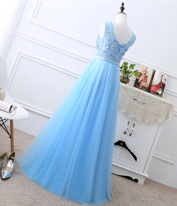 Affordable Sky Blue Bridesmaid Dresses 2019 A-Line / Princess U-Neck Sleeveless Bow Sash Appliques Lace Beading Pearl Floor-Length / Long Ruffle