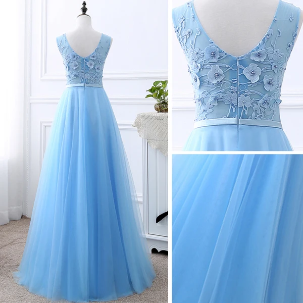 Affordable Sky Blue Bridesmaid Dresses 2019 A-Line / Princess U-Neck Sleeveless Bow Sash Appliques Lace Beading Pearl Floor-Length / Long Ruffle
