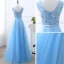 Affordable Sky Blue Bridesmaid Dresses 2019 A-Line / Princess U-Neck Sleeveless Bow Sash Appliques Lace Beading Pearl Floor-Length / Long Ruffle