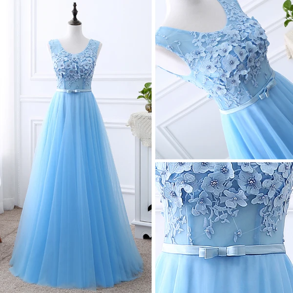 Affordable Sky Blue Bridesmaid Dresses 2019 A-Line / Princess U-Neck Sleeveless Bow Sash Appliques Lace Beading Pearl Floor-Length / Long Ruffle