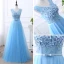 Affordable Sky Blue Bridesmaid Dresses 2019 A-Line / Princess U-Neck Sleeveless Bow Sash Appliques Lace Beading Pearl Floor-Length / Long Ruffle